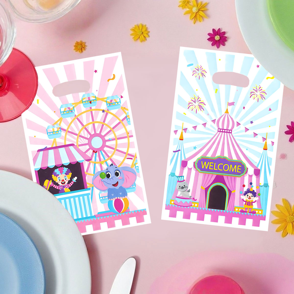 Wedding/Event Supply Store - 20個/40個入りパーティーギフトバッグ、遊園地やサーカスをテーマにしたギフトバッグ、ピエロとゾウのデザインが特徴、誕生日、フェスティバル、パーティー、イベント、ギフト包装袋、パーティー記念品包装袋、イベントやパーティー用品、オフィスギフトに最適、持ち運びが簡単、保管も簡単。